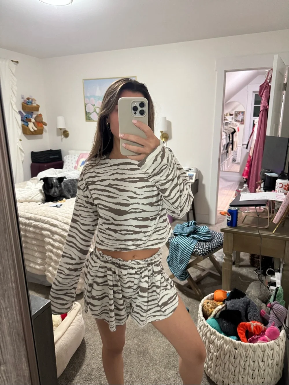 SHEIN Beige and Brown Zebra Print Long Sleeve Crop Top & Shorts Pajama Set